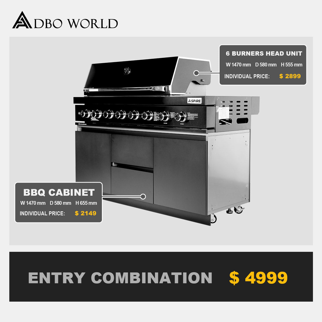 Aspire Entry 6 Burner NAT GAS Combination with Grill Cabinet (With Side Burner)