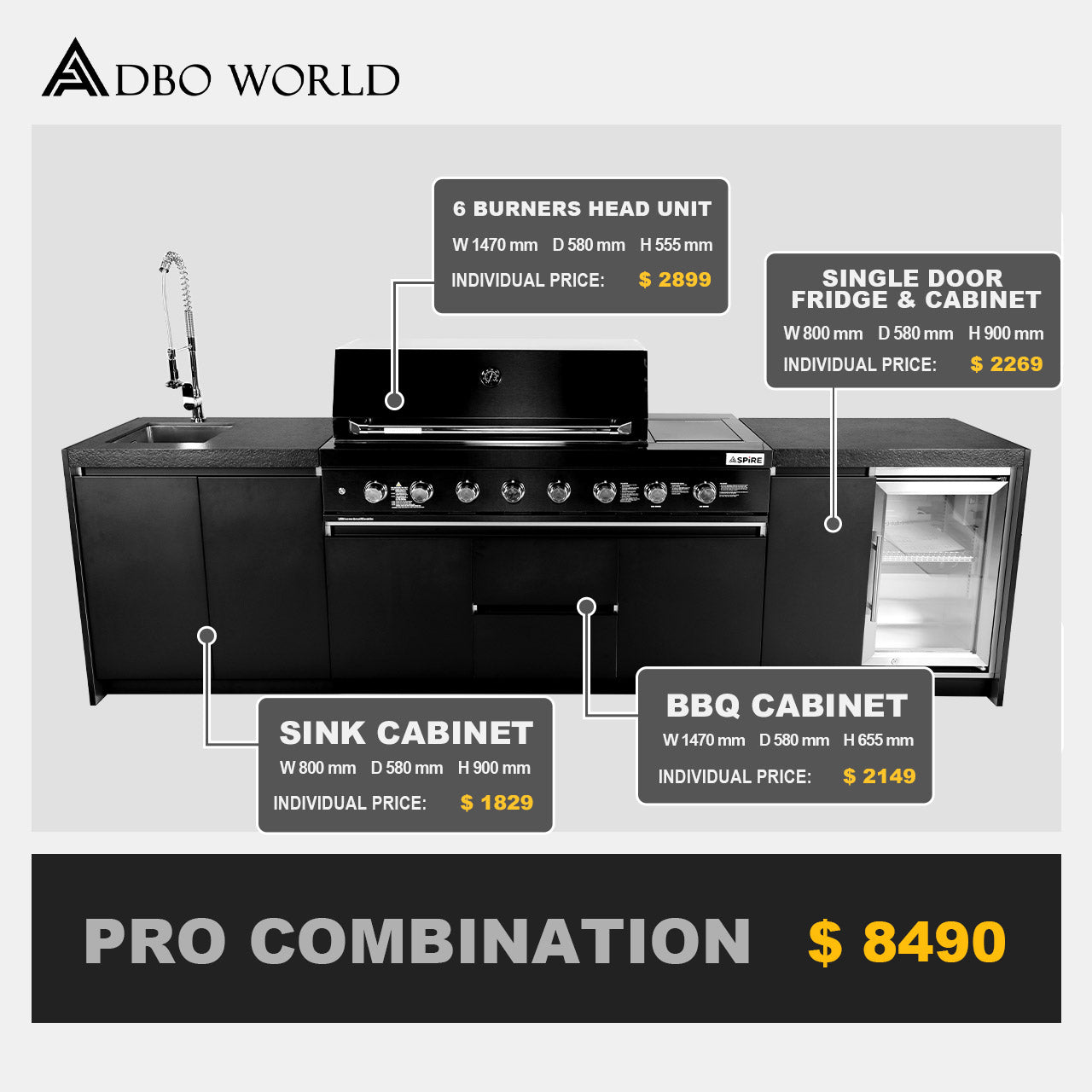 Aspire 6 Burner LPG Combination with Fridge and Sink Cabinet