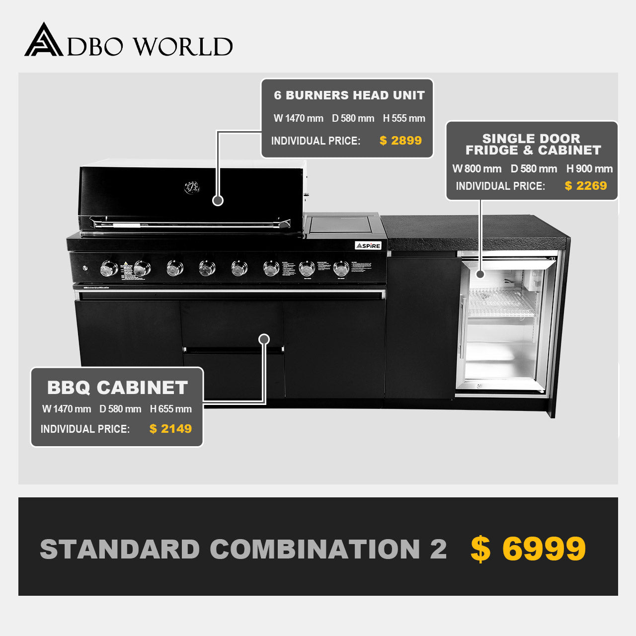 Aspire 6 Burner LPG GAS Combination with Single door Refrigerator Cabinet