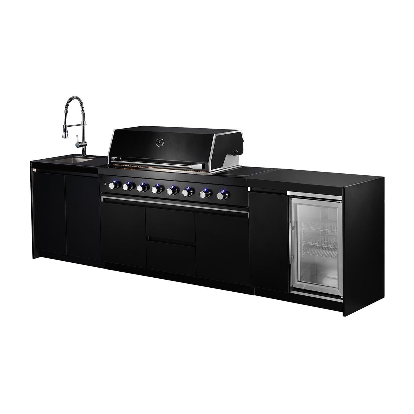 Aspire 6 Burner Natural Gas Combination with Fridge and Sink Cabinets : (does not include hose & Nat gas governor, they are supplied by an authorised Gas fitter / plumber)