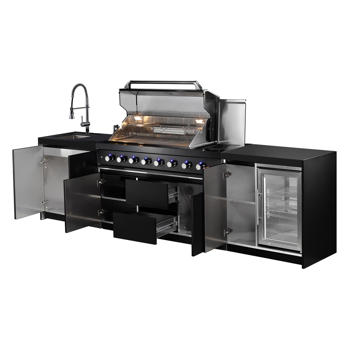 Aspire 6 Burner LPG GAS Combination with Double door Refridgerator, double door floor cabinet, corner cabinet and Sink Cabinets