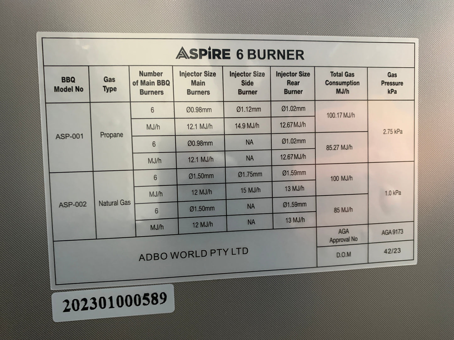 Aspire 6 Burner NATURAL GAS Combination with Fridge and Double Door floor Cabinet (NO sink)NATURAL GAS (does not include hose & Nat gas governor, they are supplied by an authorised Gas fitter / plumber)