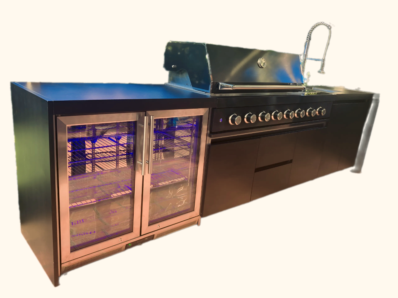 Aspire 6 Burner LPG GAS Combination with Grill cabinet, Double door Refridgerator, and Sink Cabinets